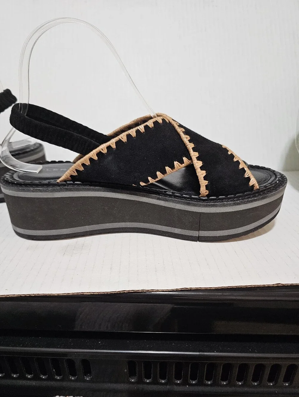 Clergerie Paris Freedom Black Suede Platform Slingback Sandals Whipstitch Sz 37